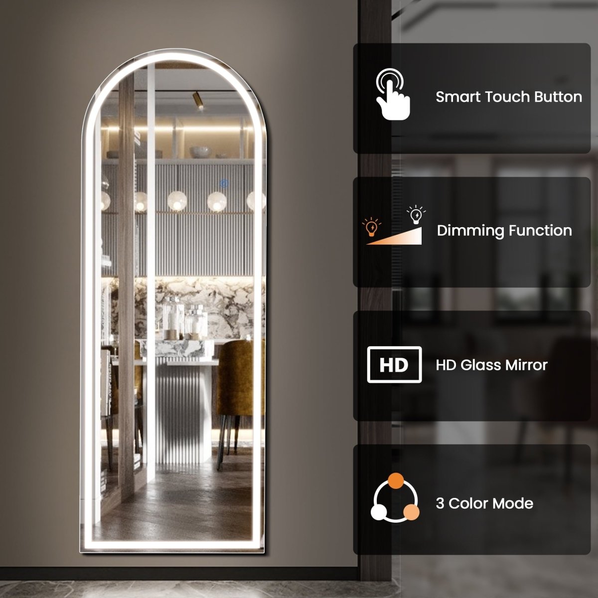 The Glow - LED Arched Full Length Floor Mirror - Curved Reflection Co.