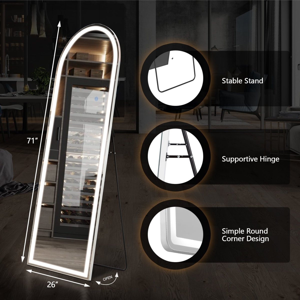 The Glow - LED Arched Full Length Floor Mirror - Curved Reflection Co.